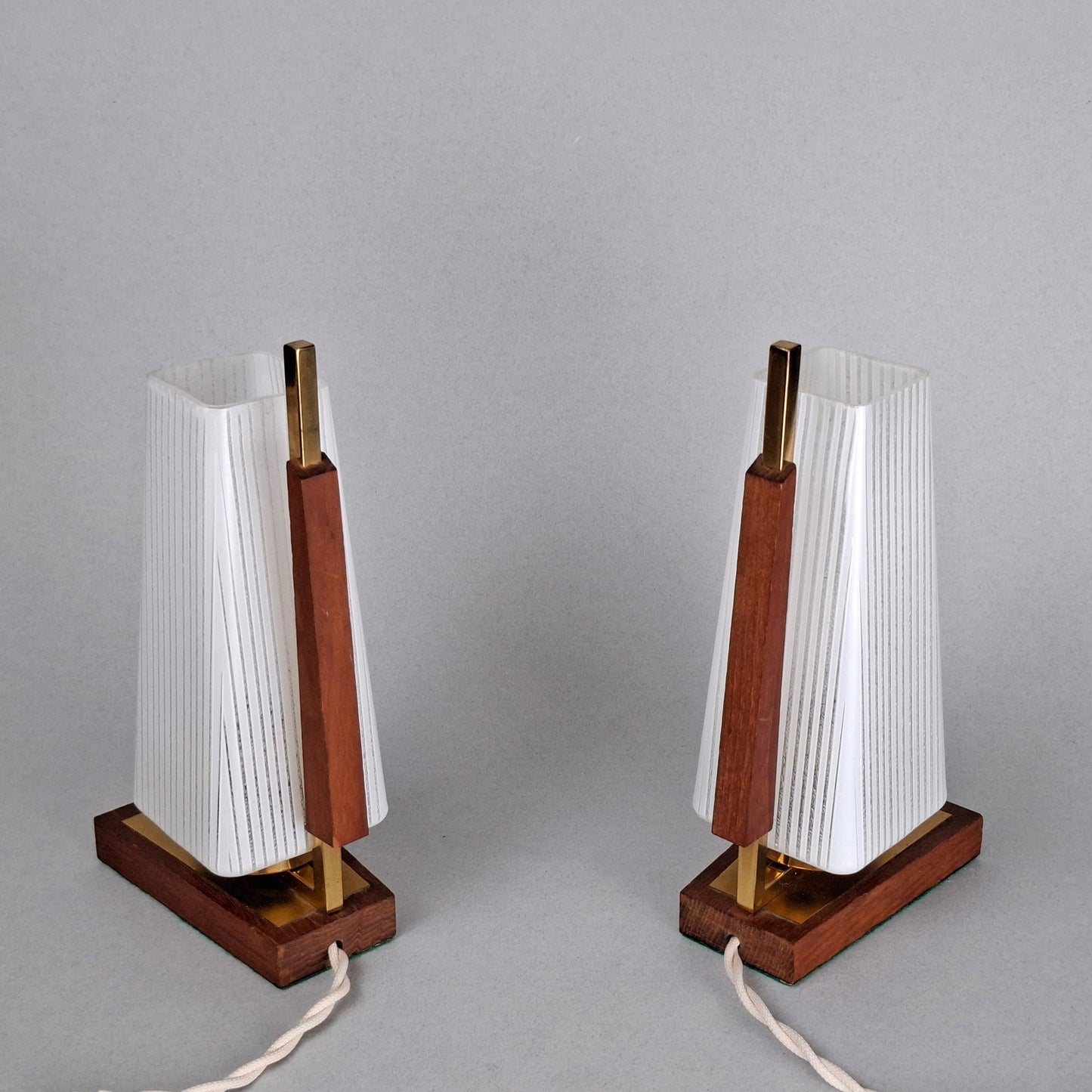 1960s vintage teak wood and brass table lamp with striped white glass shade -Retro Lamp Shop-
