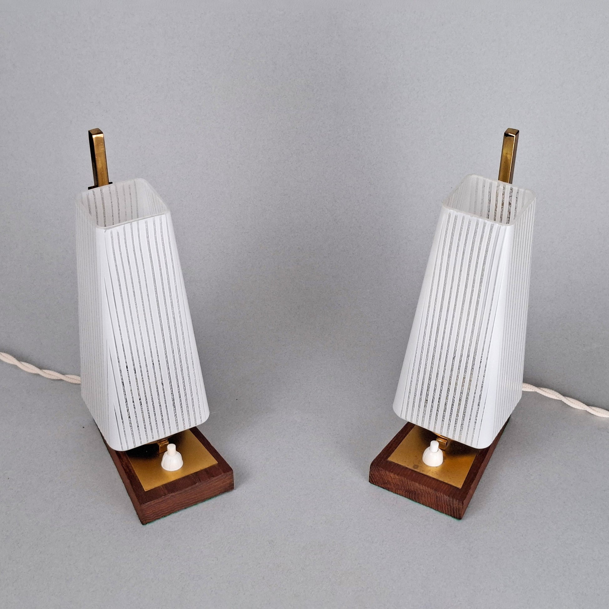 1960s vintage teak wood and brass table lamp with striped white glass shade -Retro Lamp Shop-