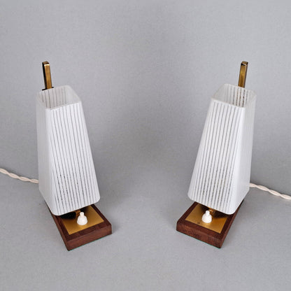 1960s vintage teak wood and brass table lamp with striped white glass shade -Retro Lamp Shop-