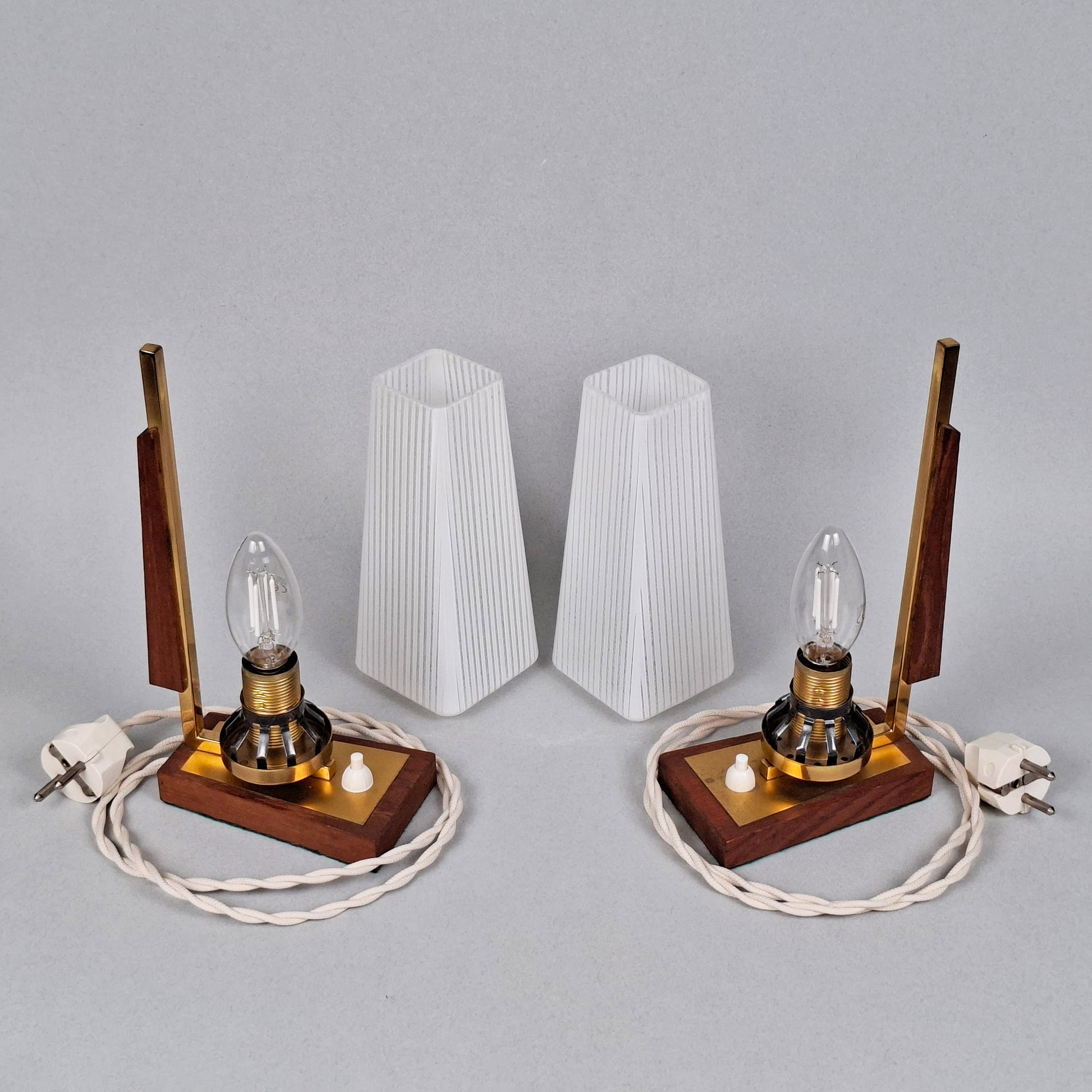 1960s vintage teak wood and brass table lamp with striped white glass shade -Retro Lamp Shop-