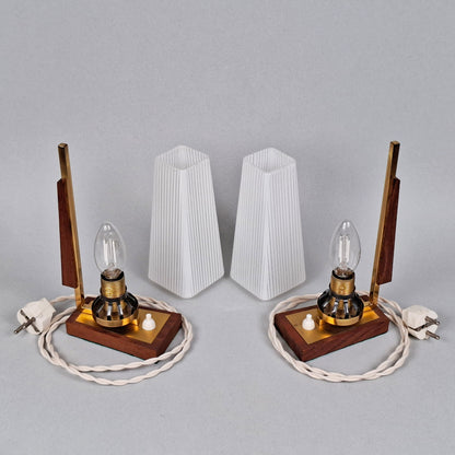 1960s vintage teak wood and brass table lamp with striped white glass shade -Retro Lamp Shop-