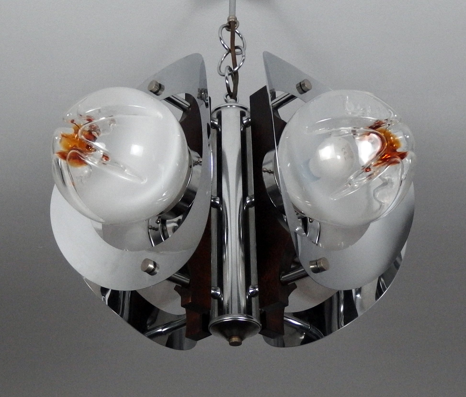 70's Mazzega chandelier designed by Toni Zuccheri, chrome metal body with hand blown Murano glass and teak wood - Retro Lamp Shop