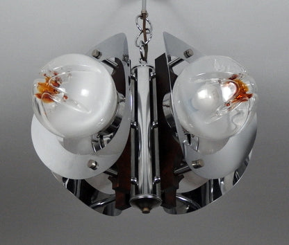 70's Mazzega chandelier designed by Toni Zuccheri, chrome metal body with hand blown Murano glass and teak wood - Retro Lamp Shop