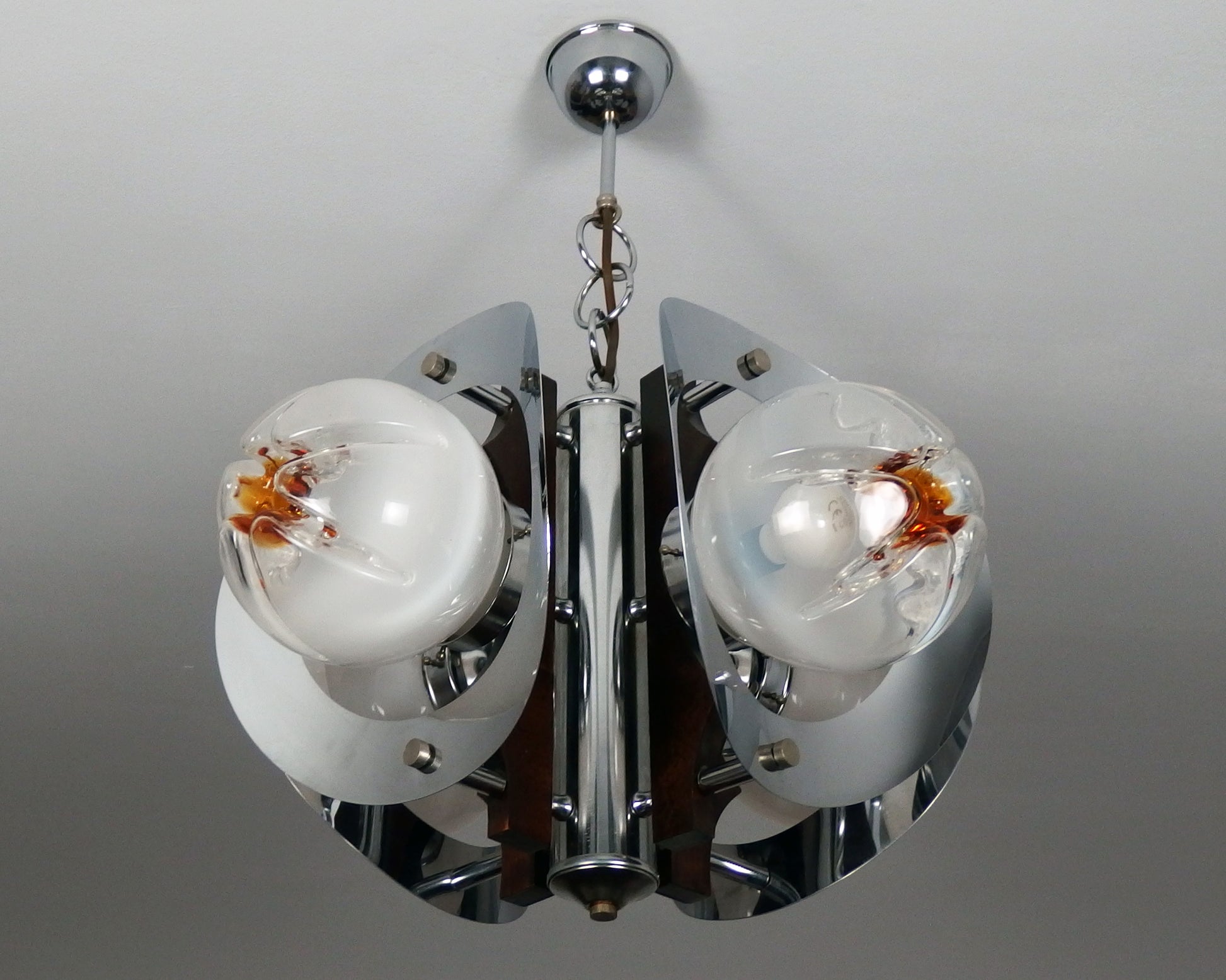 70's Mazzega chandelier designed by Toni Zuccheri, chrome metal body with hand blown Murano glass and teak wood - Retro Lamp Shop