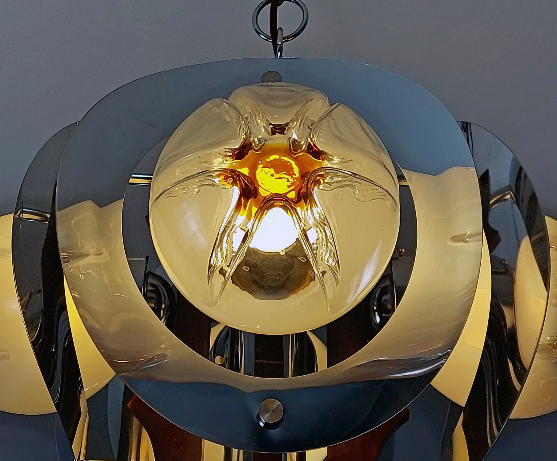 70's Mazzega chandelier designed by Toni Zuccheri, chrome metal body with hand blown Murano glass and teak wood - Retro Lamp Shop