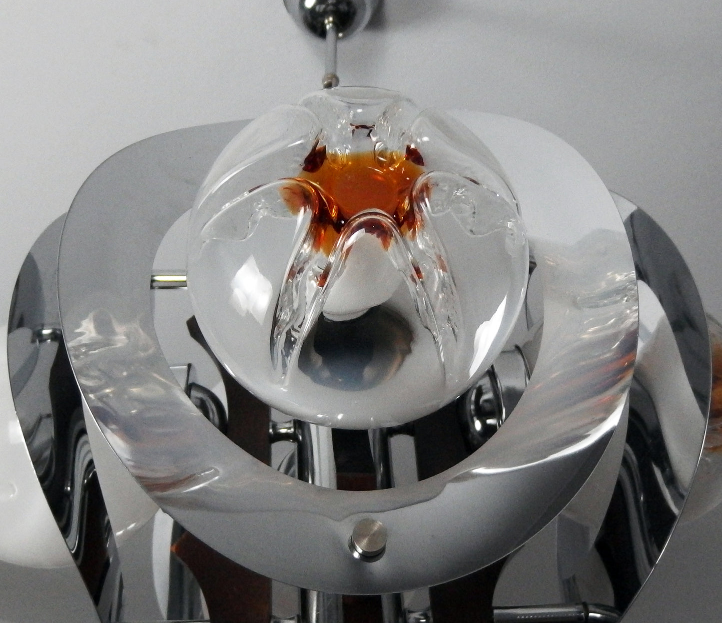 70's Mazzega chandelier designed by Toni Zuccheri, chrome metal body with hand blown Murano glass and teak wood - Retro Lamp Shop
