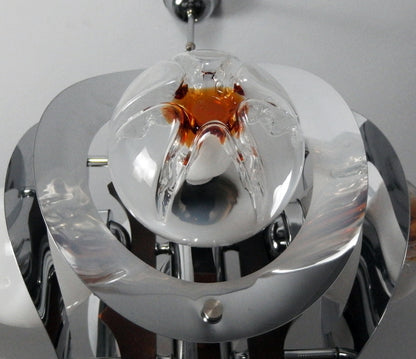 70's Mazzega chandelier designed by Toni Zuccheri, chrome metal body with hand blown Murano glass and teak wood - Retro Lamp Shop