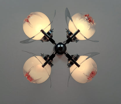 70's Mazzega chandelier designed by Toni Zuccheri, chrome metal body with hand blown Murano glass and teak wood - Retro Lamp Shop
