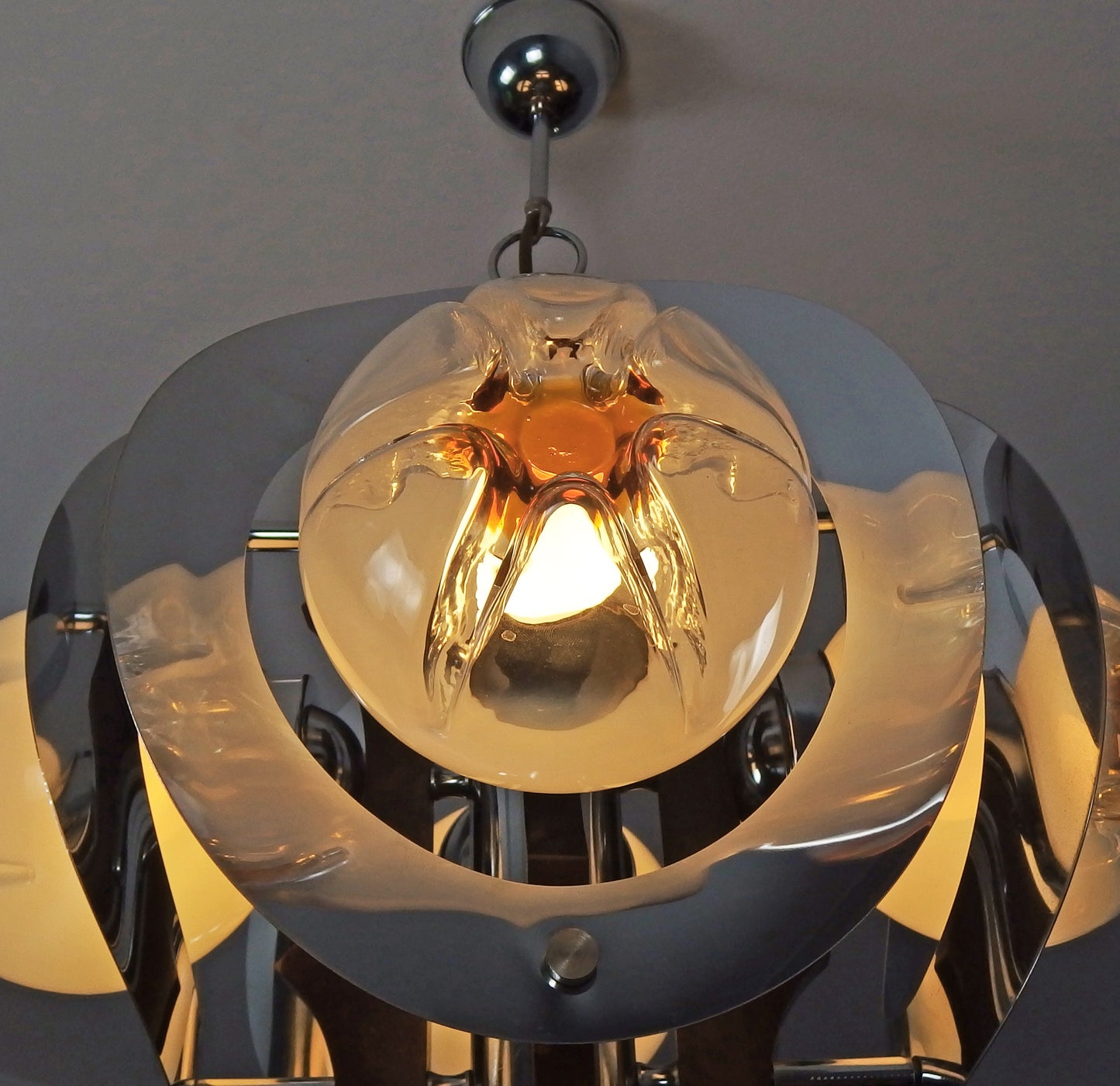 70's Mazzega chandelier designed by Toni Zuccheri, chrome metal body with hand blown Murano glass and teak wood - Retro Lamp Shop