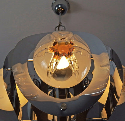 70's Mazzega chandelier designed by Toni Zuccheri, chrome metal body with hand blown Murano glass and teak wood - Retro Lamp Shop