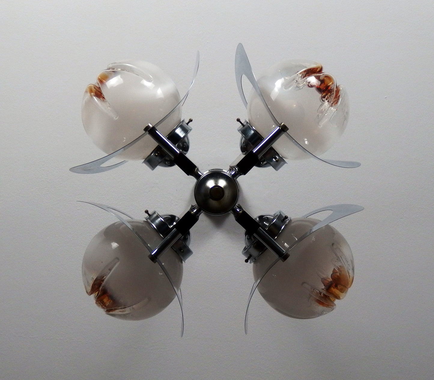 70's Mazzega chandelier designed by Toni Zuccheri, chrome metal body with hand blown Murano glass and teak wood - Retro Lamp Shop