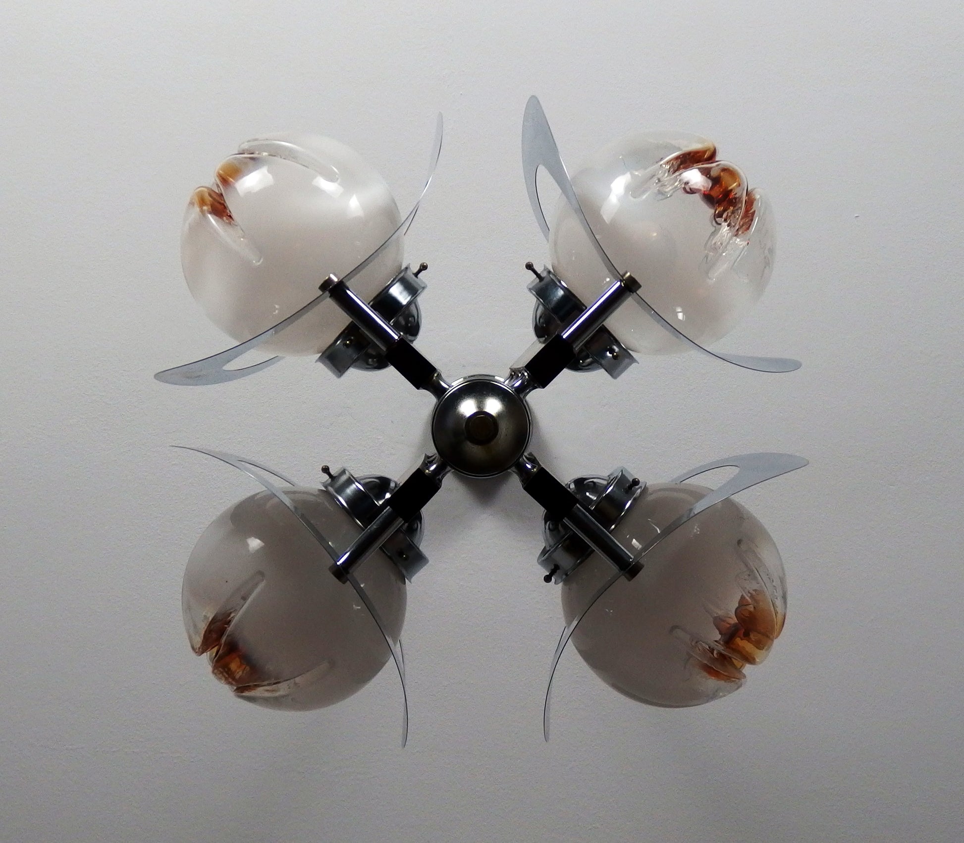 70's Mazzega chandelier designed by Toni Zuccheri, chrome metal body with hand blown Murano glass and teak wood - Retro Lamp Shop