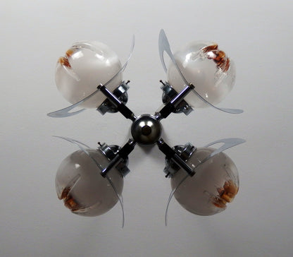 70's Mazzega chandelier designed by Toni Zuccheri, chrome metal body with hand blown Murano glass and teak wood - Retro Lamp Shop