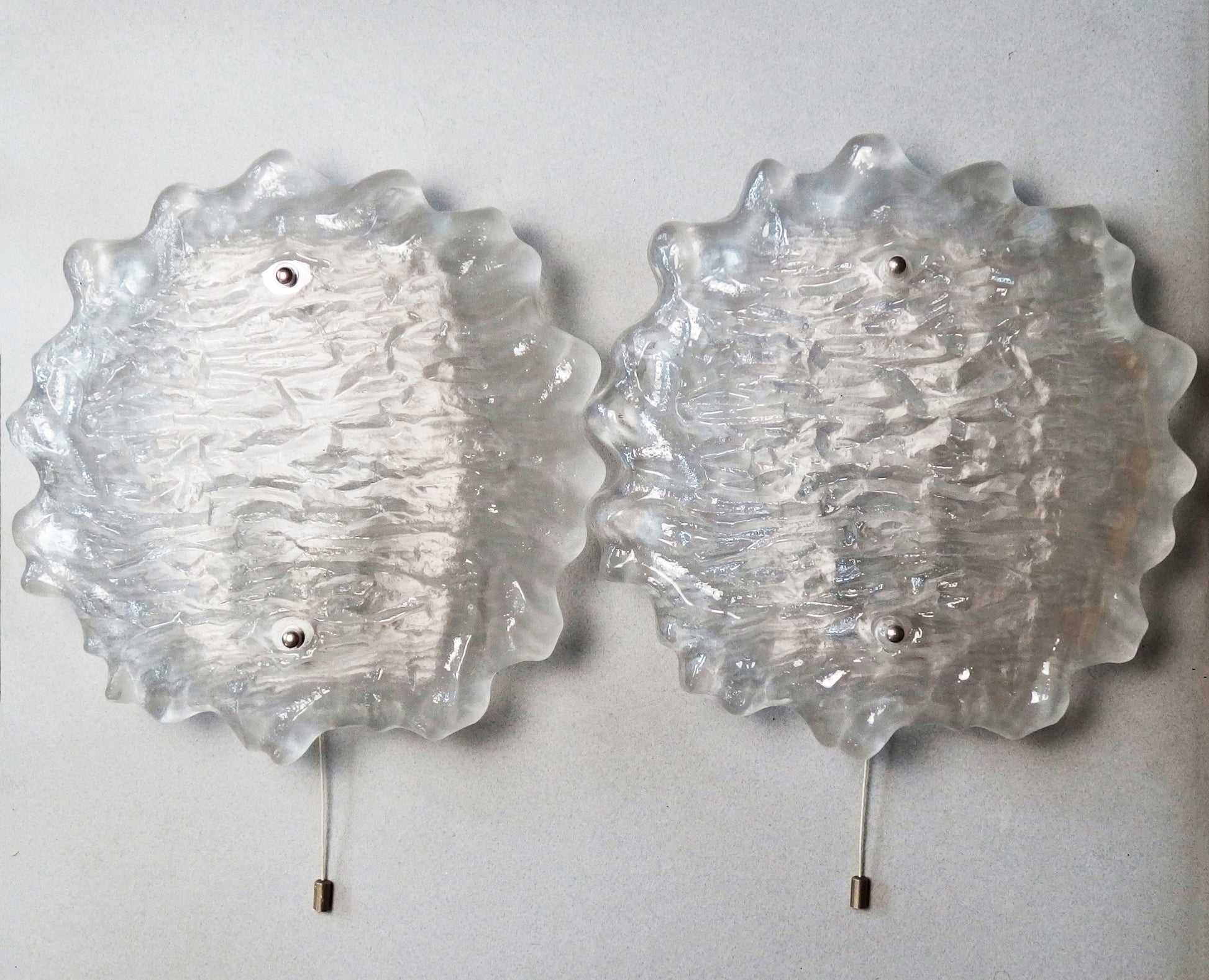 Pair of large 70's Peill and Putzler sconces with thick texturized glass domes and stainless steel base - Retro Lamp Shop
