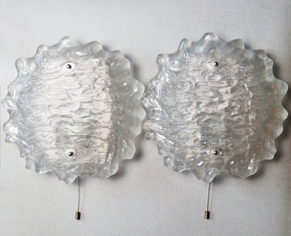 Pair of large 70's Peill and Putzler sconces with thick texturized glass domes and stainless steel base - Retro Lamp Shop