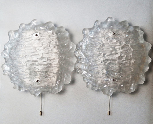 Pair of large 70's Peill and Putzler sconces with thick texturized glass domes and stainless steel base - Retro Lamp Shop