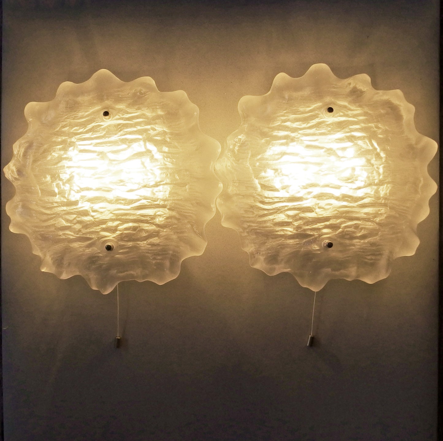 Pair of large 70's Peill and Putzler sconces with thick texturized glass domes and stainless steel base - Retro Lamp Shop