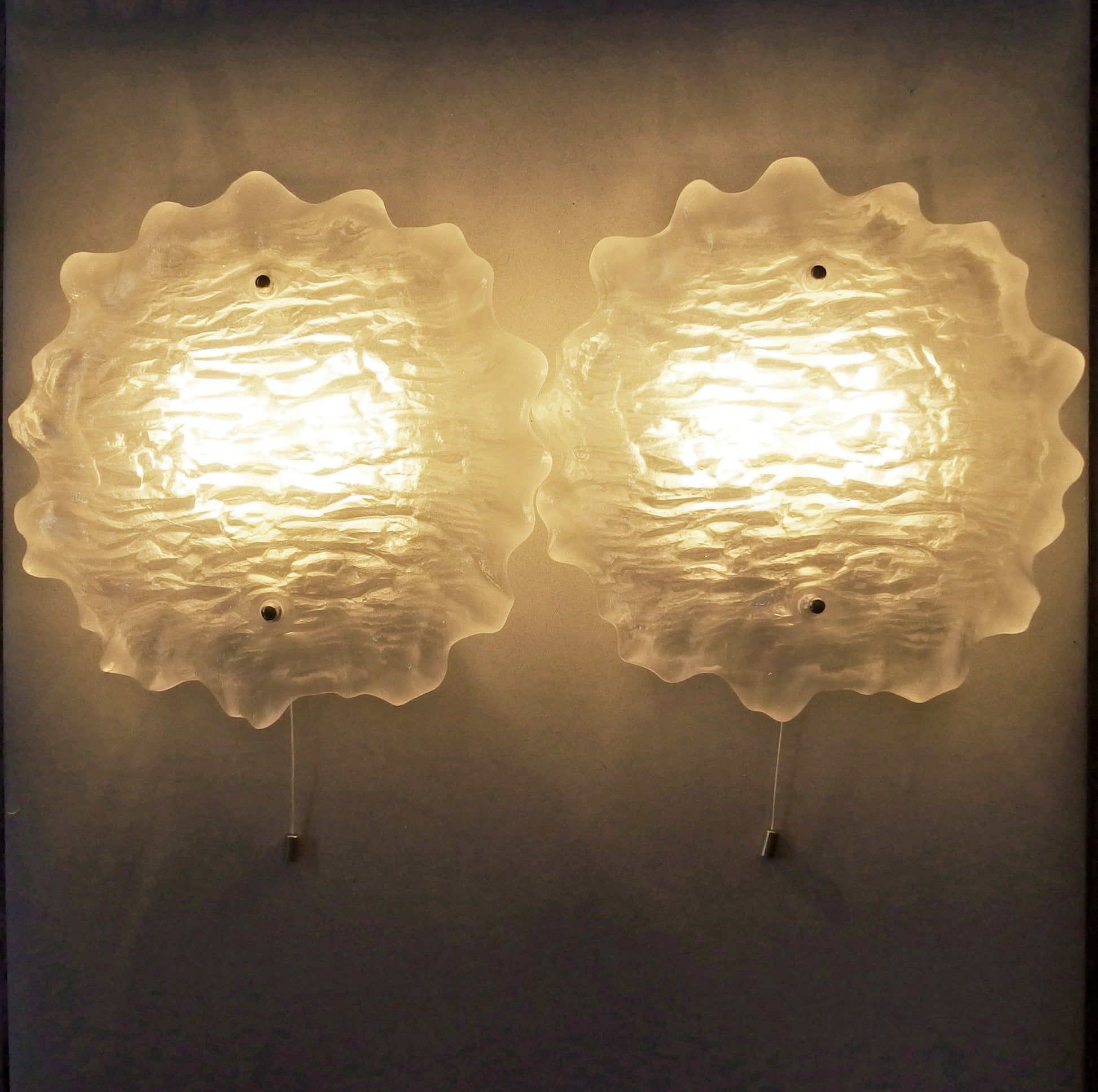 Pair of large 70's Peill and Putzler sconces with thick texturized glass domes and stainless steel base - Retro Lamp Shop