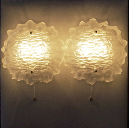 Pair of large 70's Peill and Putzler sconces with thick texturized glass domes and stainless steel base - Retro Lamp Shop