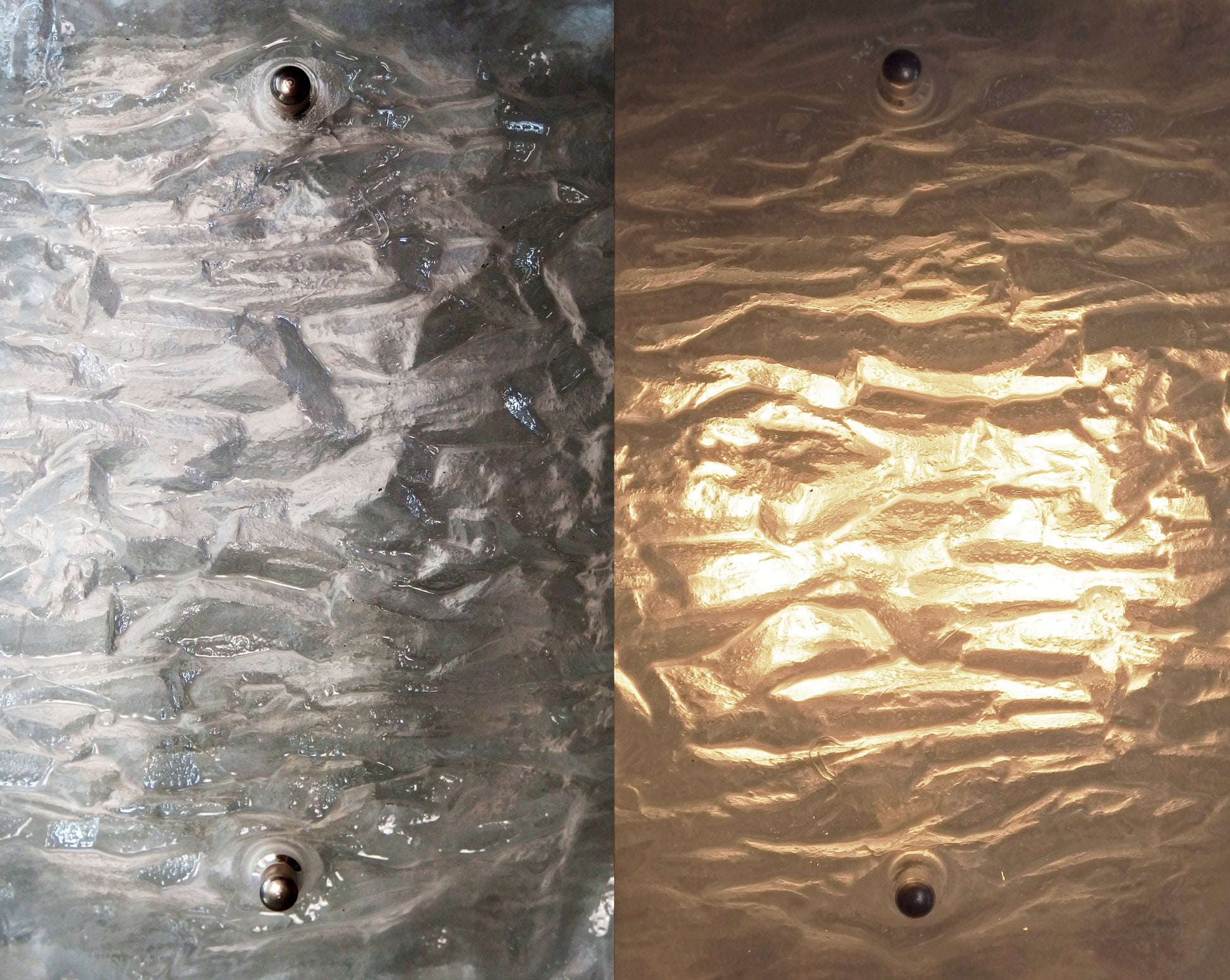 Pair of large 70's Peill and Putzler sconces with thick texturized glass domes and stainless steel base - Retro Lamp Shop