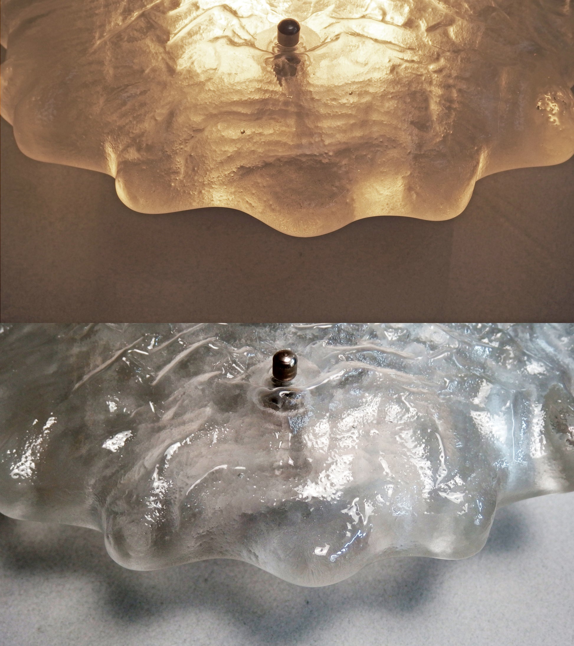 Pair of large 70's Peill and Putzler sconces with thick texturized glass domes and stainless steel base - Retro Lamp Shop