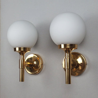 Pair of 1970s polished brass sconces with frosted opaline glass globes - Retro Lamp Shop