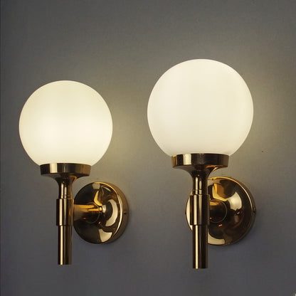 Pair of 1970s polished brass sconces with frosted opaline glass globes - Retro Lamp Shop