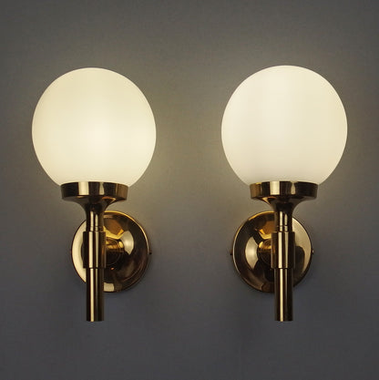 Pair of 1970s polished brass sconces with frosted opaline glass globes - Retro Lamp Shop