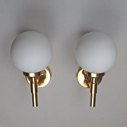 Pair of 1970s polished brass sconces with frosted opaline glass globes - Retro Lamp Shop