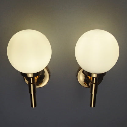 Pair of 1970s polished brass sconces with frosted opaline glass globes - Retro Lamp Shop