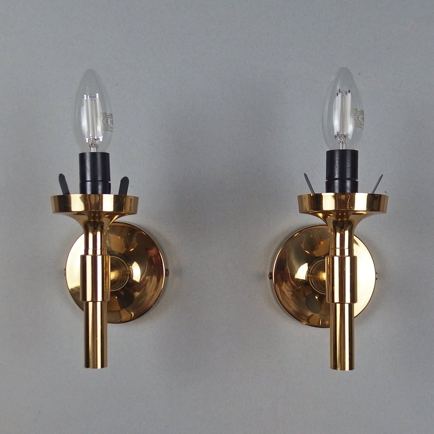 Pair of 1970s polished brass sconces with frosted opaline glass globes - Retro Lamp Shop
