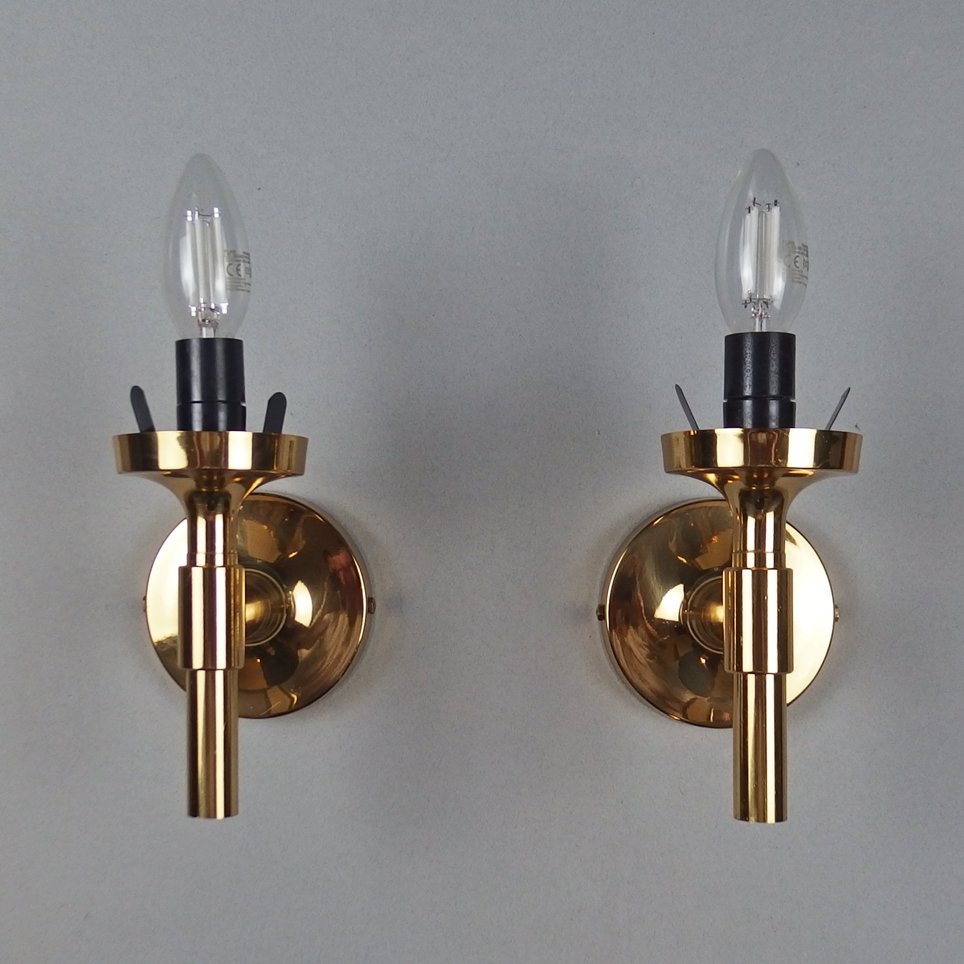 Pair of 1970s polished brass sconces with frosted opaline glass globes - Retro Lamp Shop