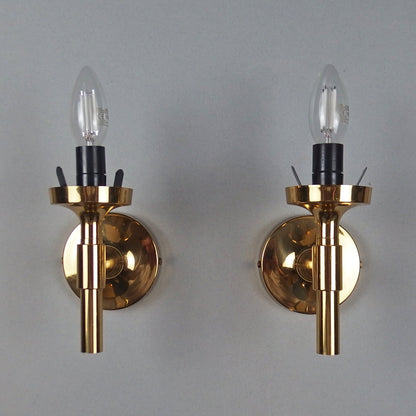Pair of 1970s polished brass sconces with frosted opaline glass globes - Retro Lamp Shop