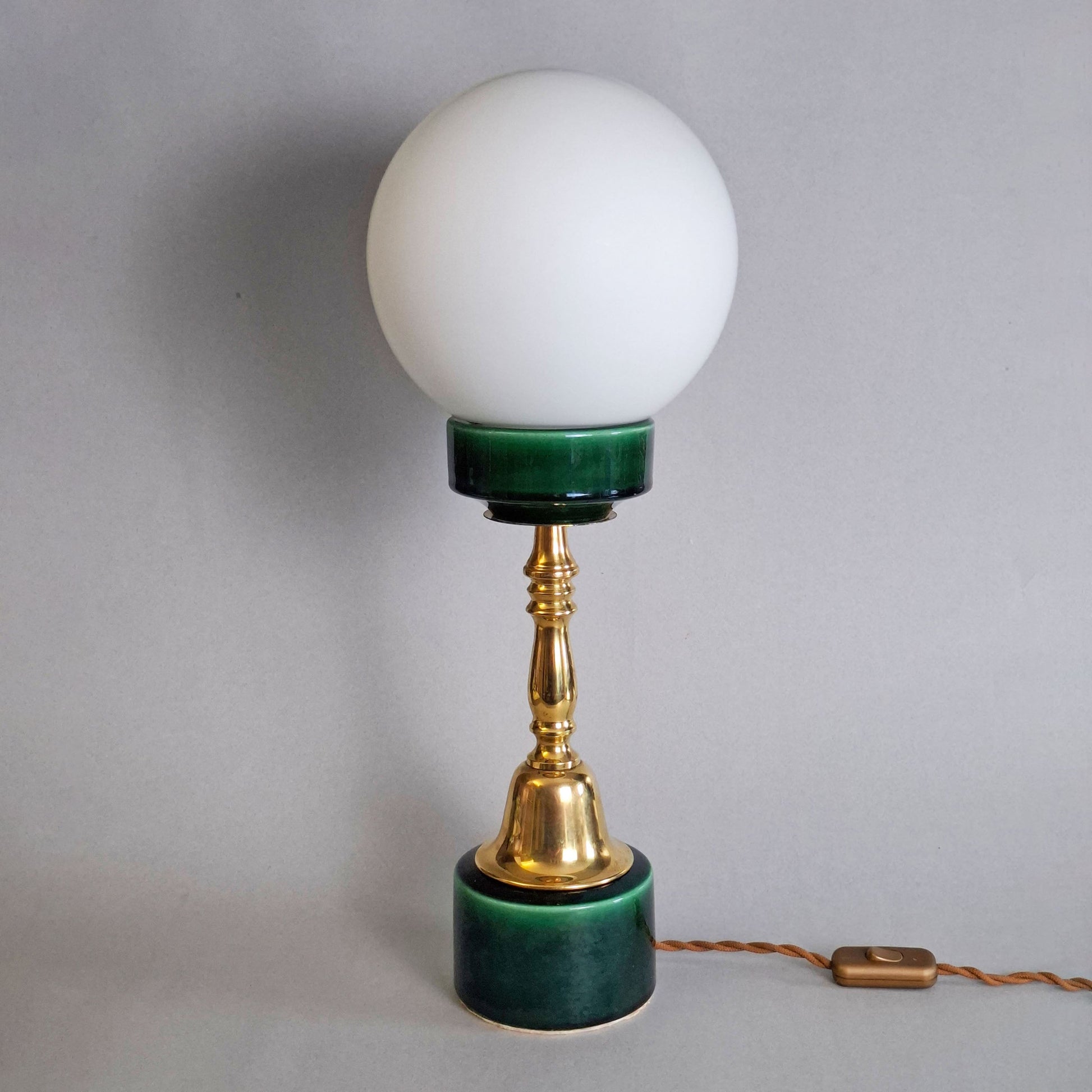 1970s brass and green ceramic vintage table lamp with white opaline glass globe - Retro Lamp Shop
