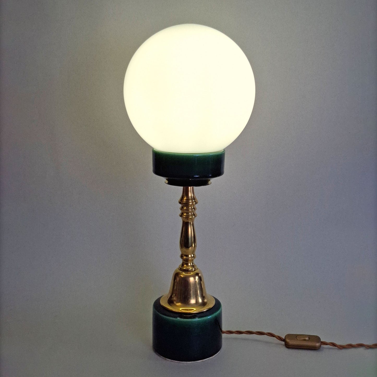 1970s brass and green ceramic vintage table lamp with white opaline glass globe - Retro Lamp Shop