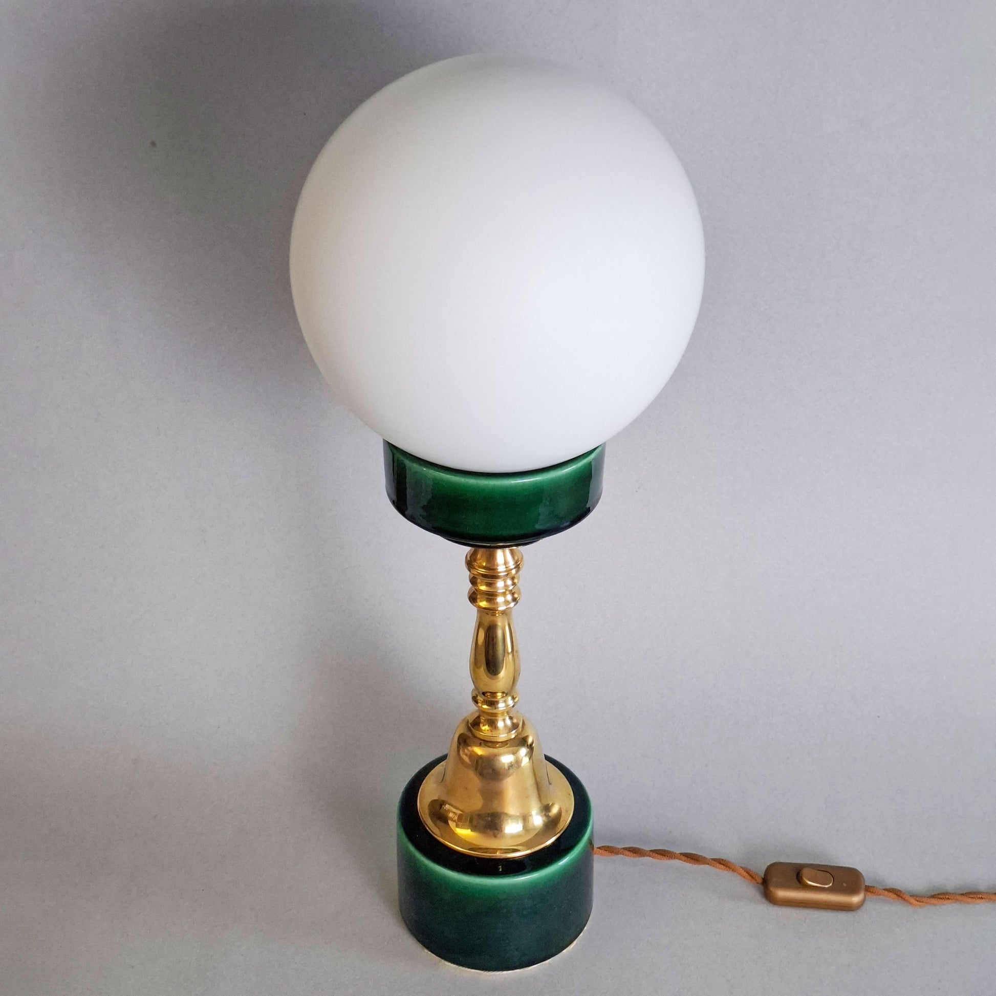 1970s brass and green ceramic vintage table lamp with white opaline glass globe - Retro Lamp Shop