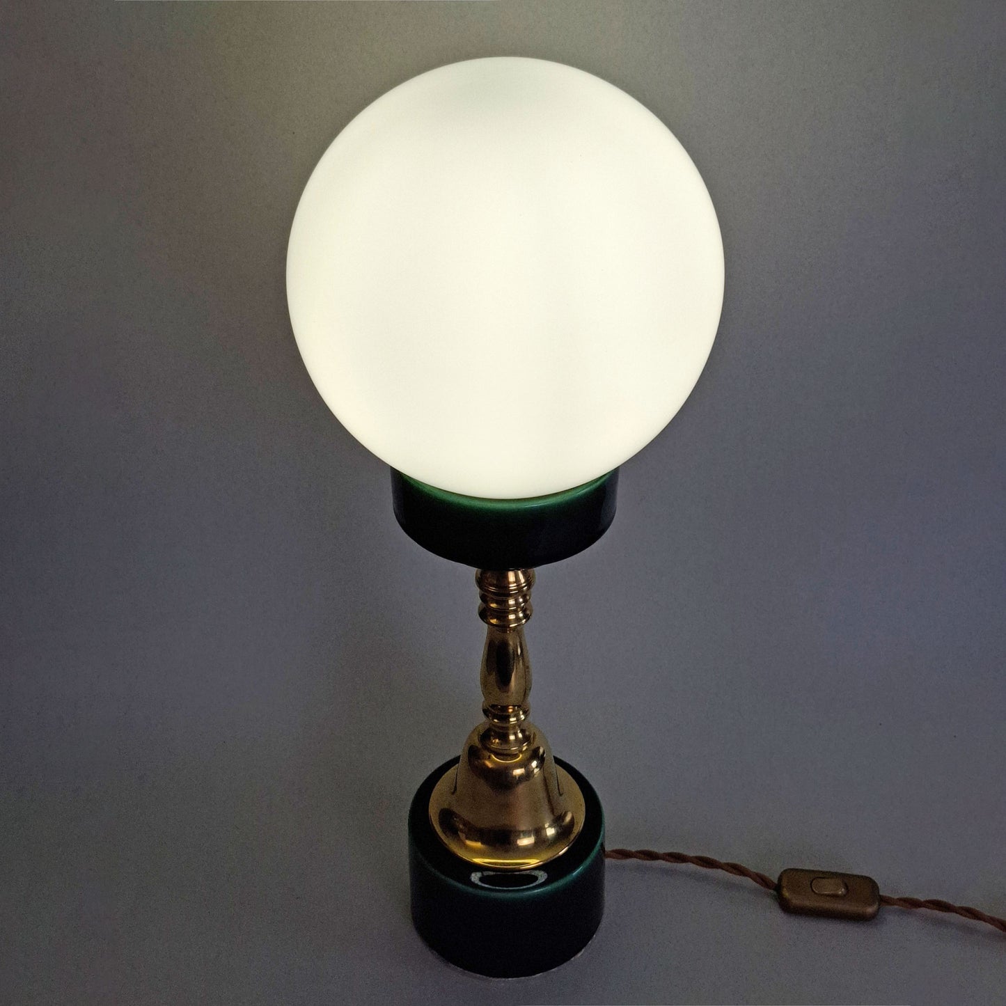 1970s brass and green ceramic vintage table lamp with white opaline glass globe - Retro Lamp Shop