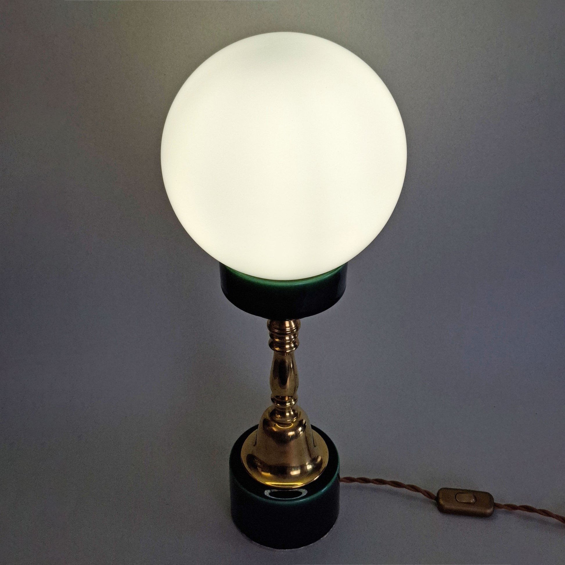 1970s brass and green ceramic vintage table lamp with white opaline glass globe - Retro Lamp Shop