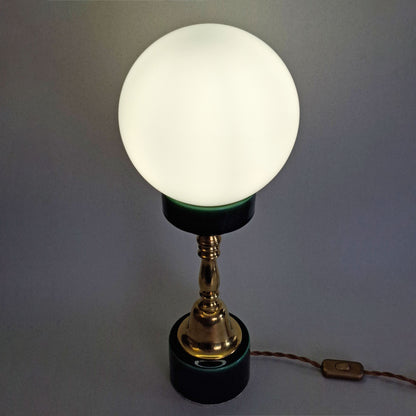 1970s brass and green ceramic vintage table lamp with white opaline glass globe - Retro Lamp Shop