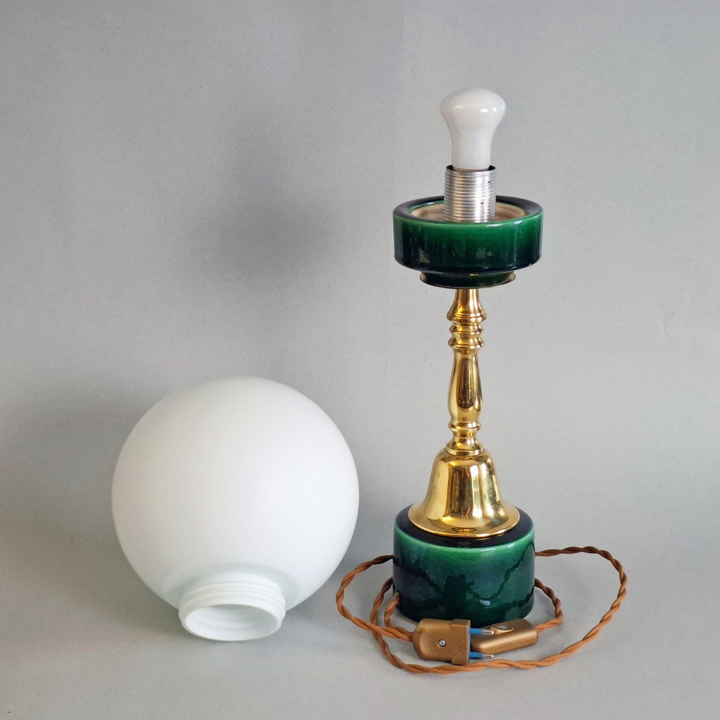 1970s brass and green ceramic vintage table lamp with white opaline glass globe - Retro Lamp Shop