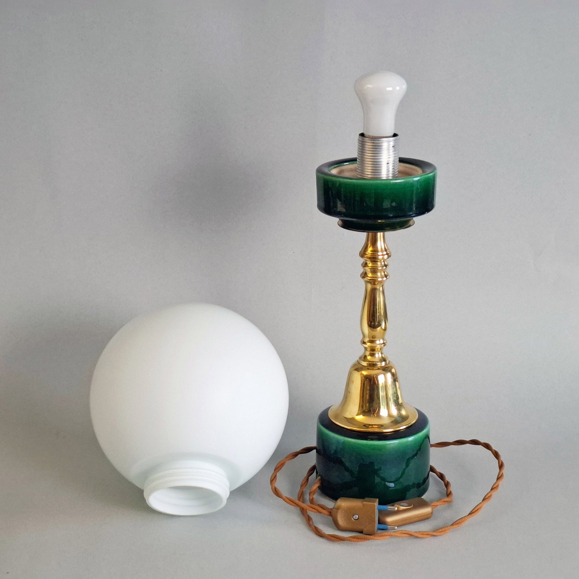 1970s brass and green ceramic vintage table lamp with white opaline glass globe - Retro Lamp Shop