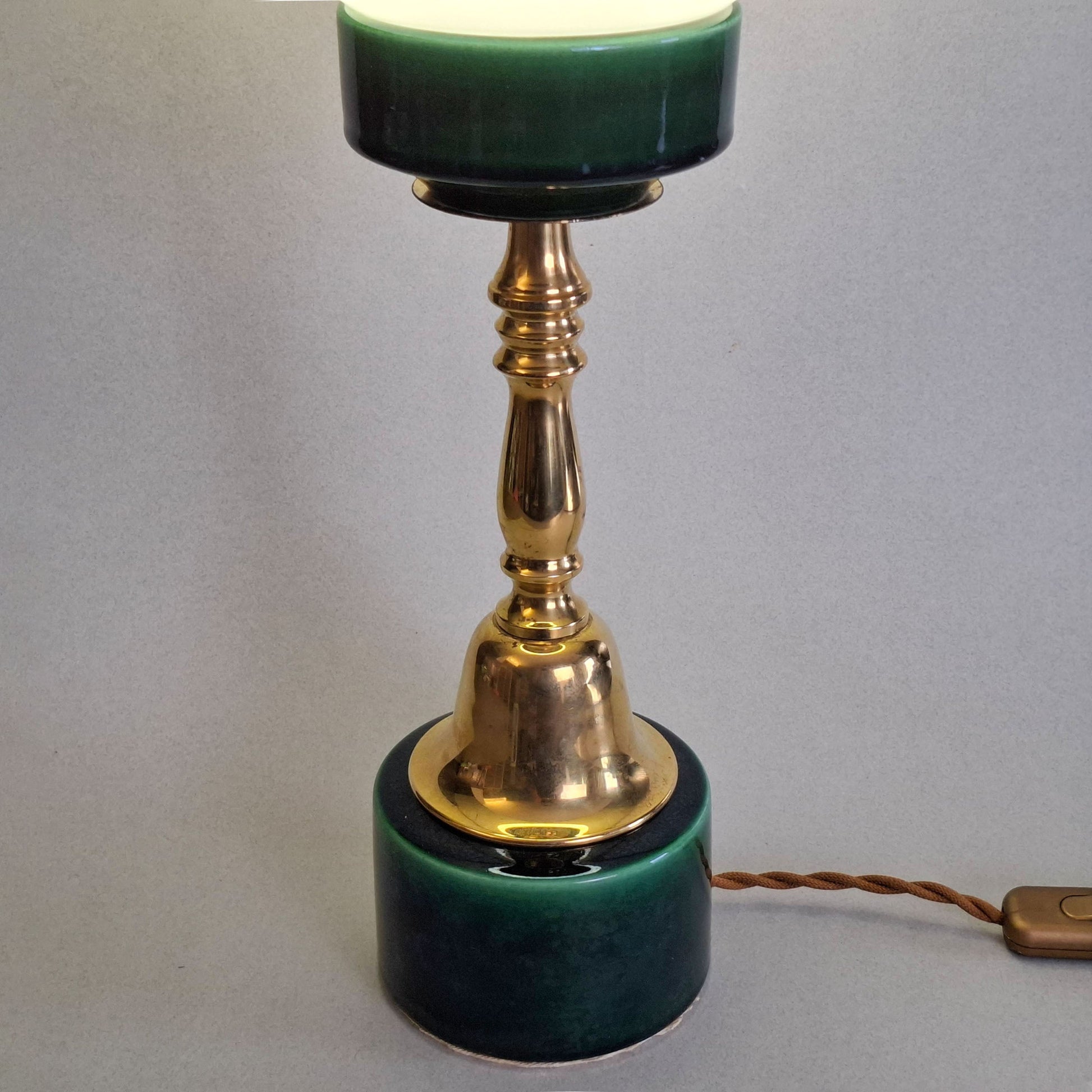 1970s brass and green ceramic vintage table lamp with white opaline glass globe - Retro Lamp Shop