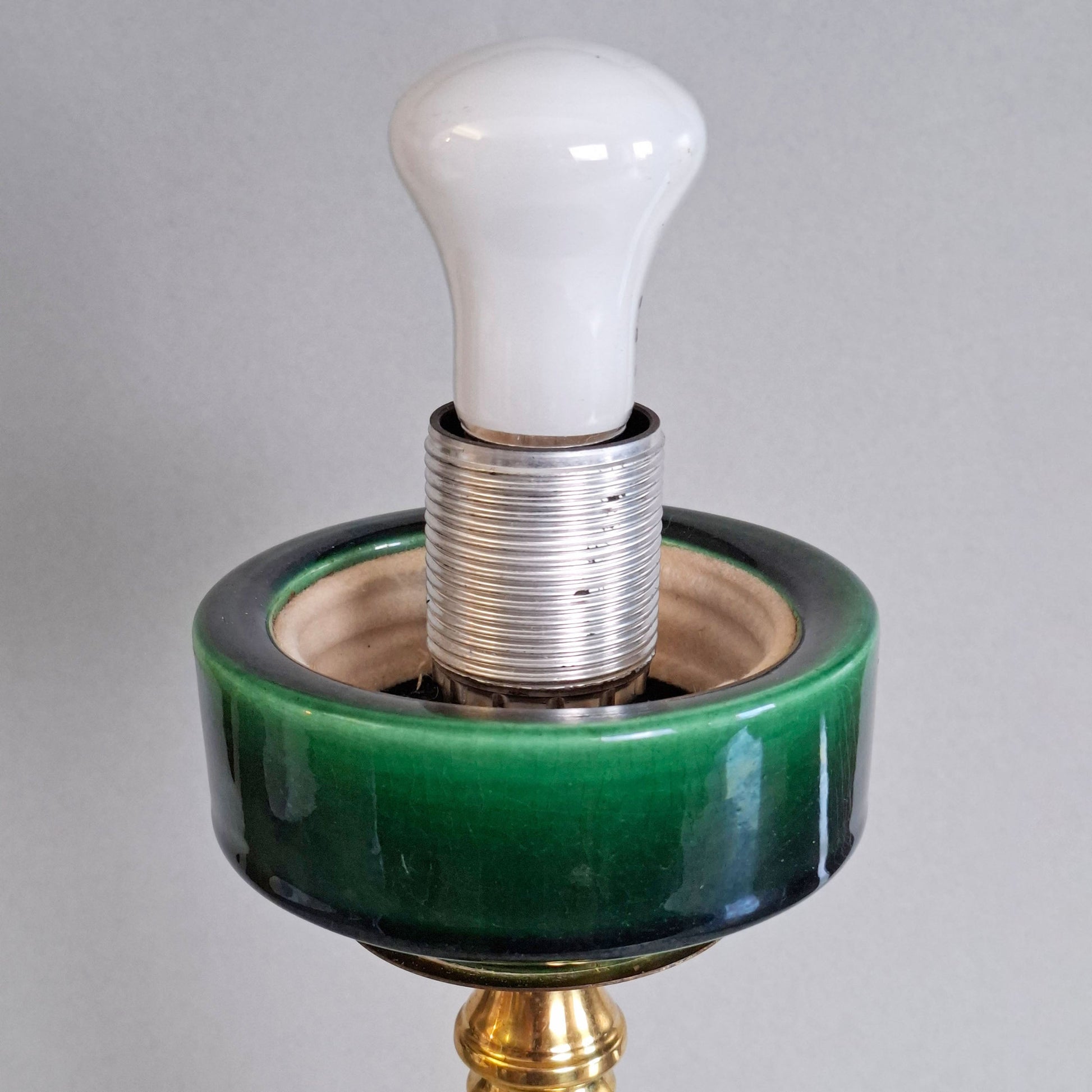 1970s brass and green ceramic vintage table lamp with white opaline glass globe - Retro Lamp Shop