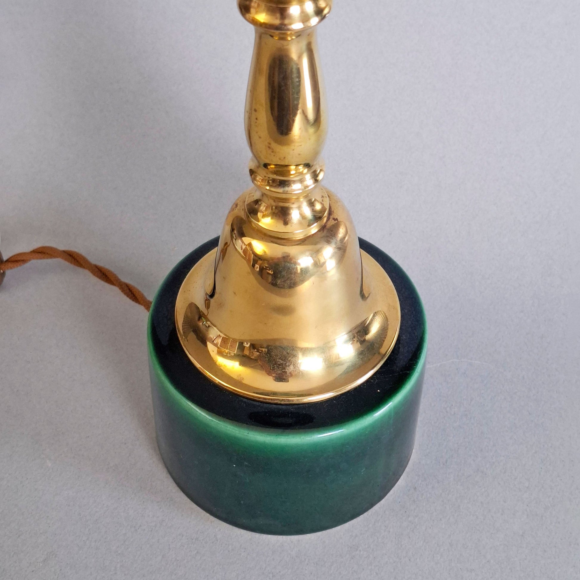 1970s brass and green ceramic vintage table lamp with white opaline glass globe - Retro Lamp Shop