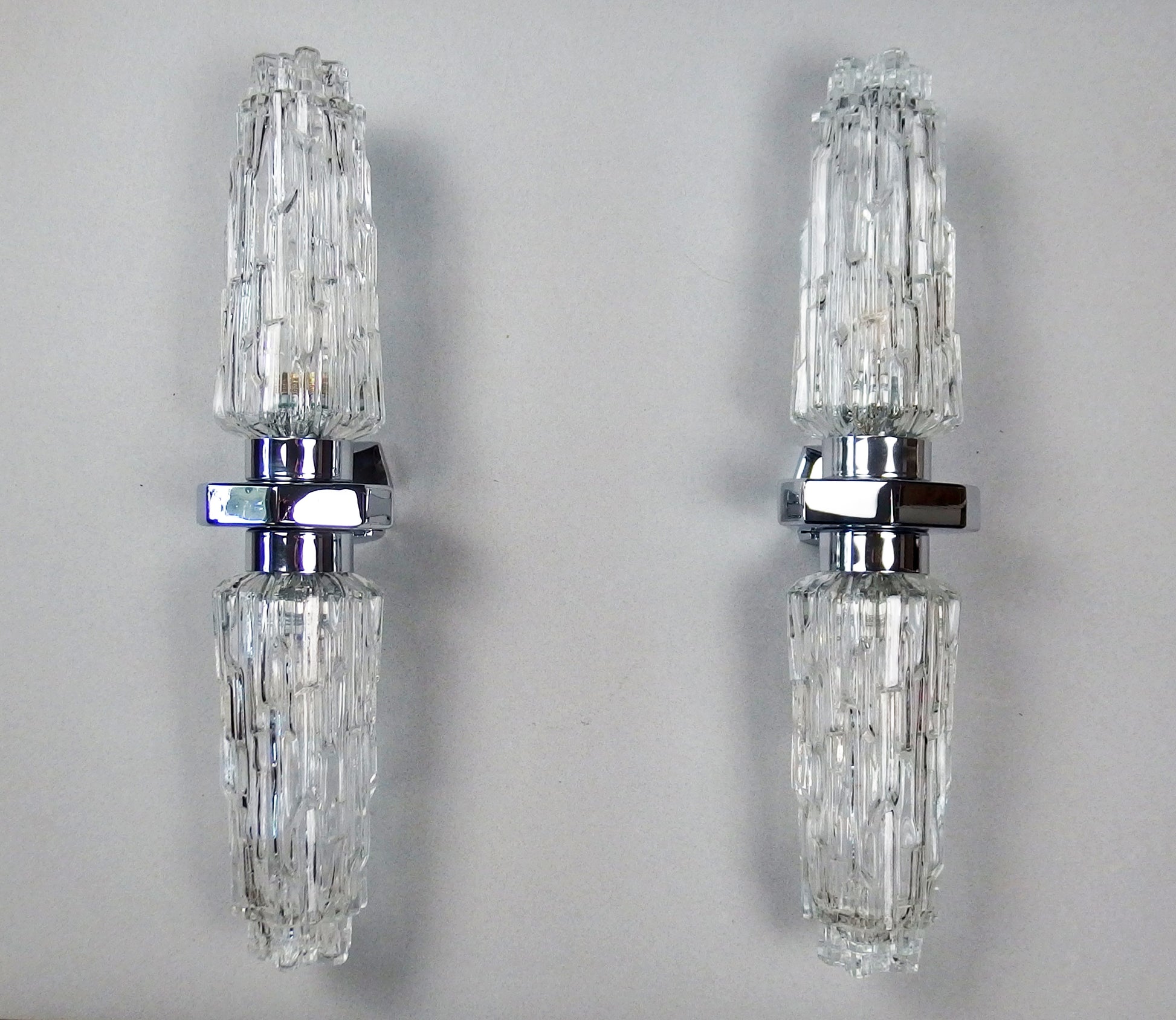 Pair of 1970's XL chrome sconces with ice glass shades from Hillerbrand - Retro Lamp Shop