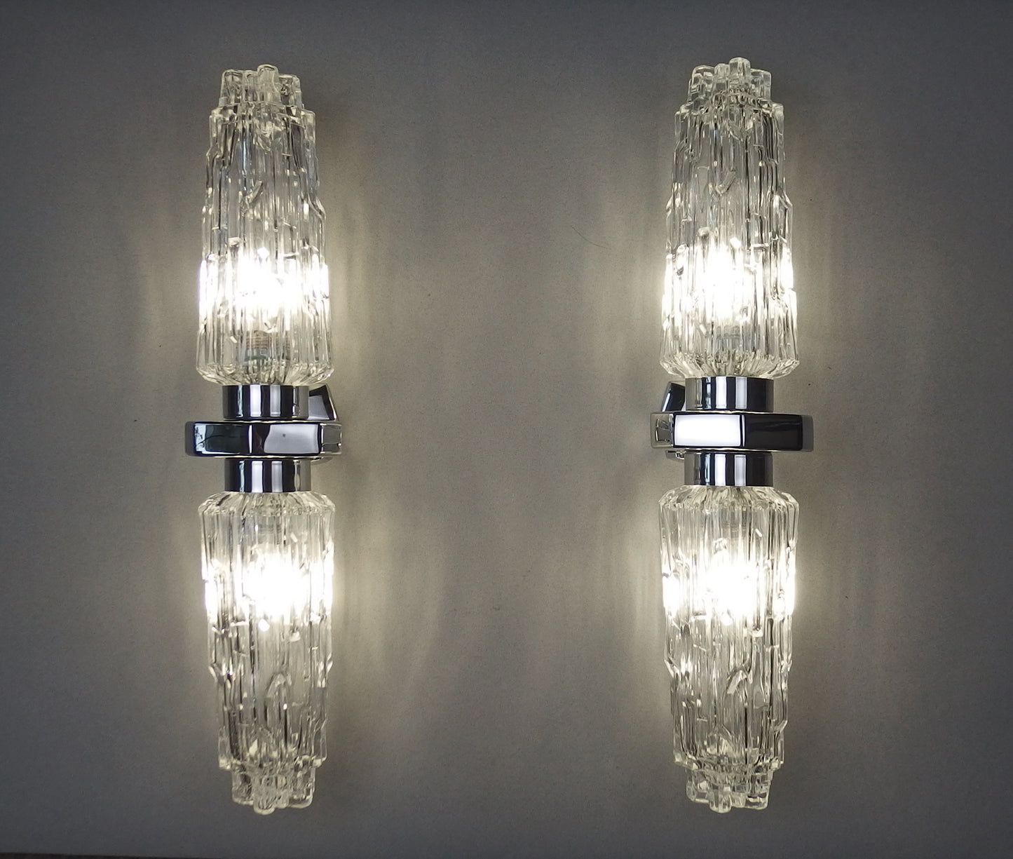 Pair of 1970's XL chrome sconces with ice glass shades from Hillerbrand - Retro Lamp Shop