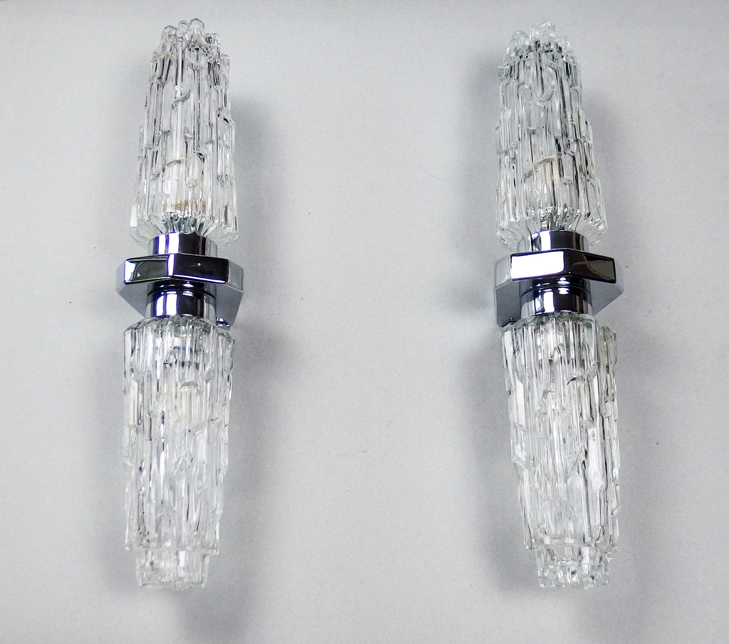 Pair of 1970's XL chrome sconces with ice glass shades from Hillerbrand - Retro Lamp Shop