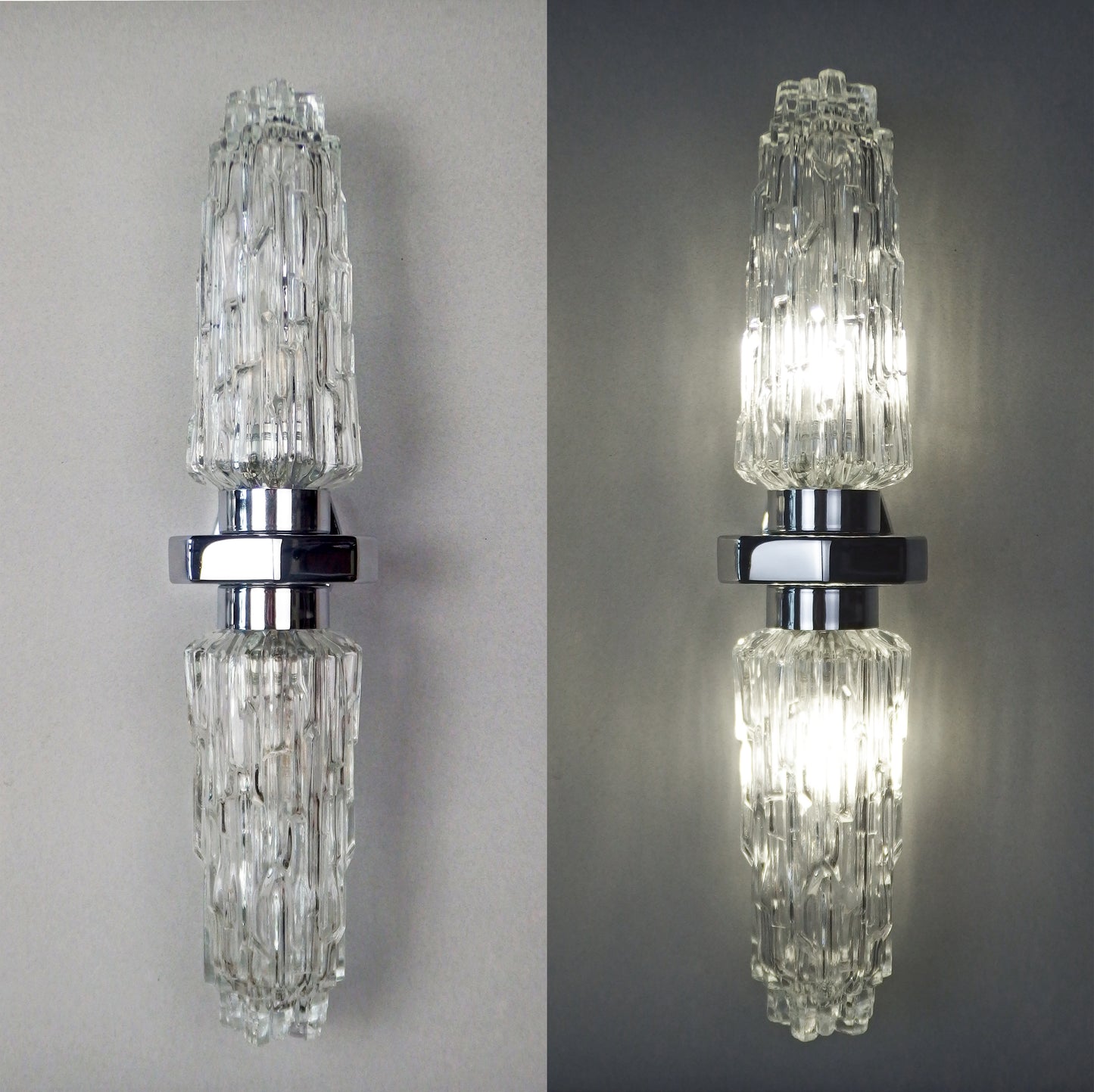 Pair of 1970's XL chrome sconces with ice glass shades from Hillerbrand - Retro Lamp Shop