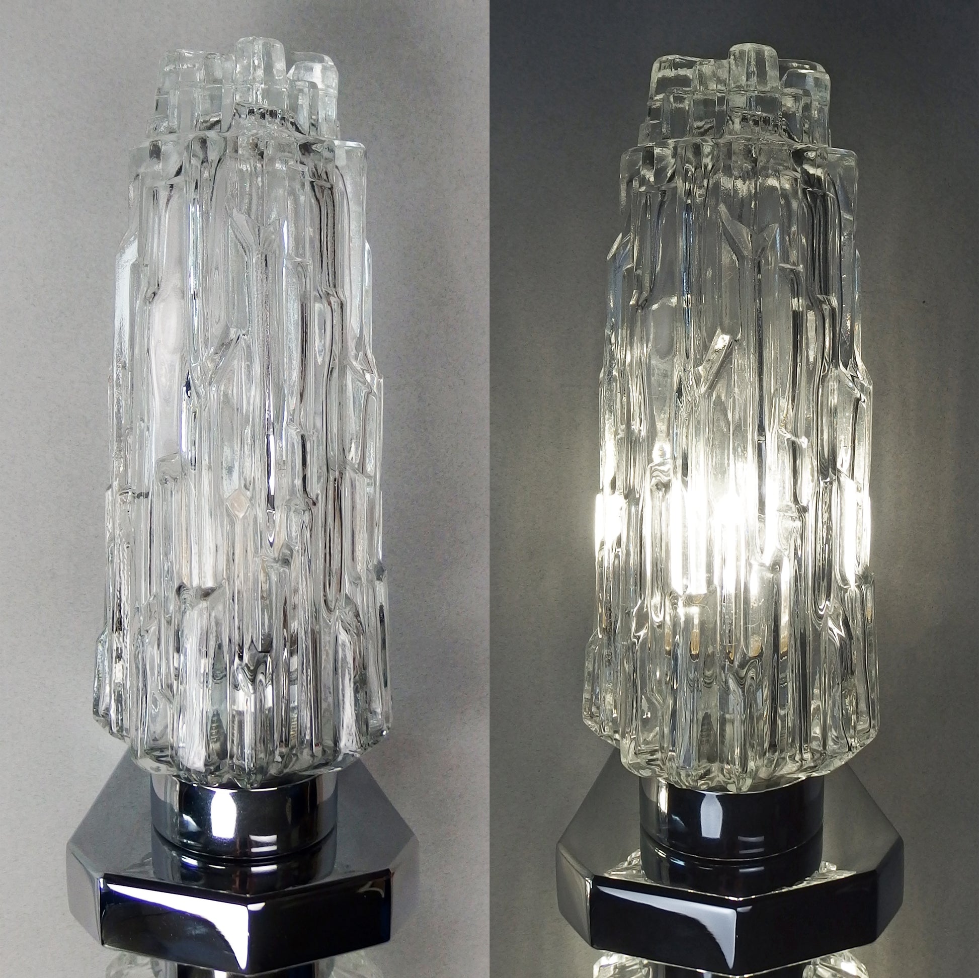 Pair of 1970's XL chrome sconces with ice glass shades from Hillerbrand - Retro Lamp Shop