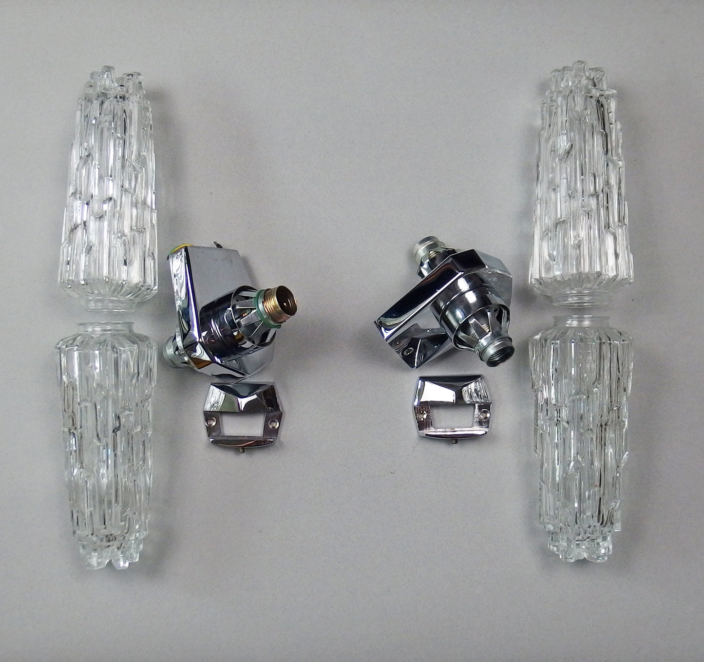 Pair of 1970's XL chrome sconces with ice glass shades from Hillerbrand - Retro Lamp Shop